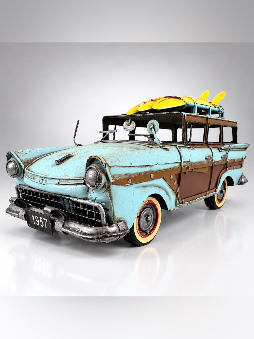 1957 Ford Country Squire Woody Wagon Metal Model Surfboards 13.5” Decor